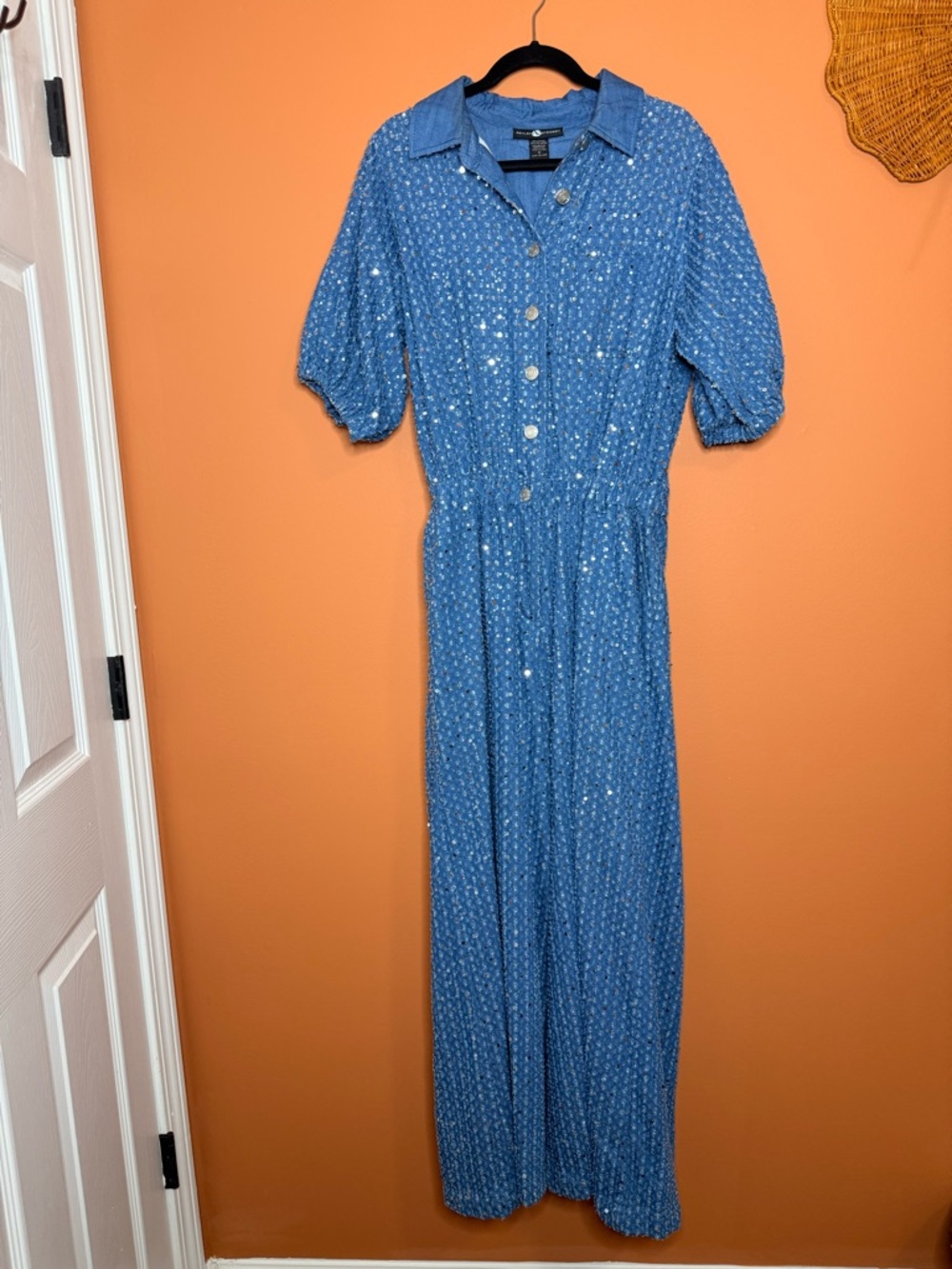 Ashley Stewart Sequin Blue Button-Front Jumpsuit with Puff Sleeves